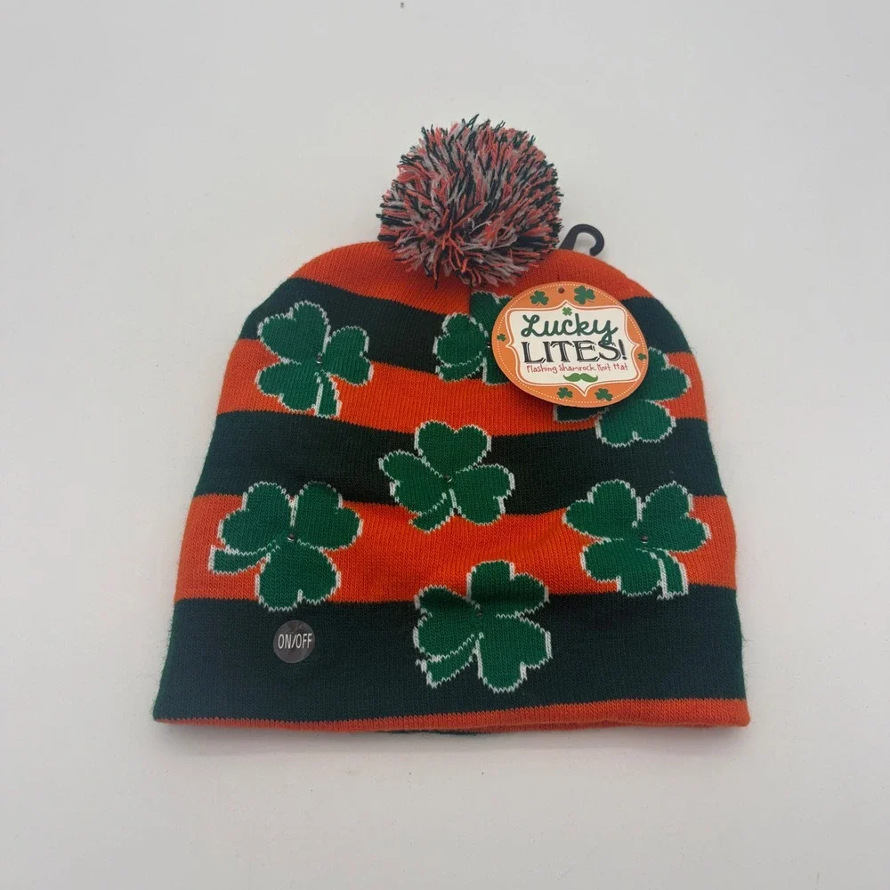 Lucky Lites St‎ Patricks Day Flashing Shamrock Knit Hat Orange Black Beanie Pom